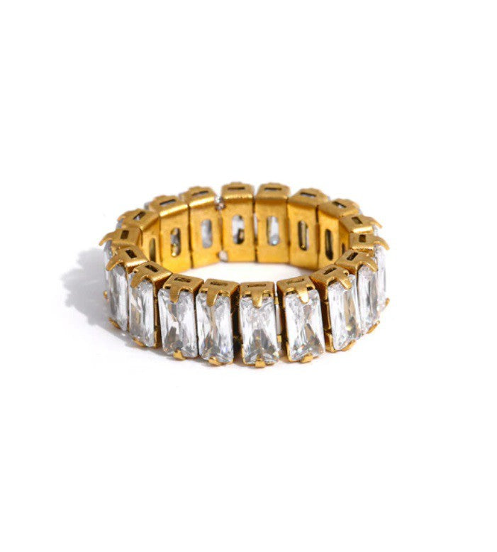 Baddie Baguette Diamond Tennis Ring in 18K gold plated stainless steel with baguette stones