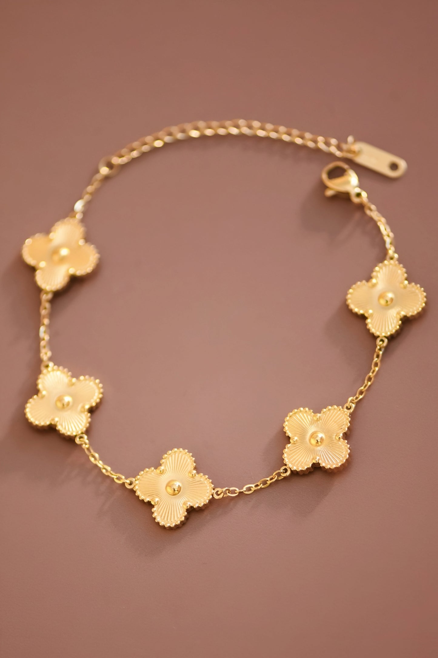 <img src="your-image-url.jpg" alt="18K Gold Clover Bracelet with five clover charms, Van Cleef dupe luxury jewelry" />
