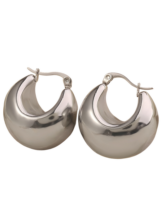 Crescent-shaped silver hoop earrings with high polish finish, stainless steel 